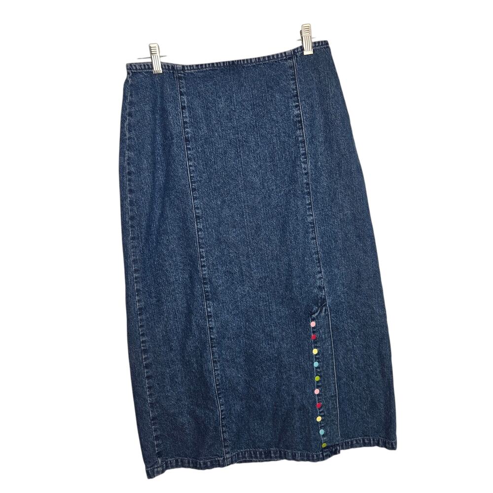 Vintage Denim Midi Skirt Rainbow Snaps Slit Christopher Banks Cotton Women 6
